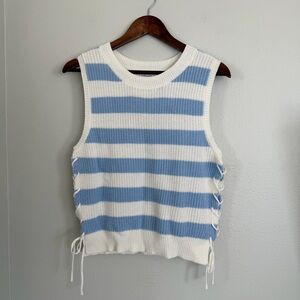 Francesca's Blue/White Striped Sweater Knit Vest with Side Lace-Up Cozy Preppy A